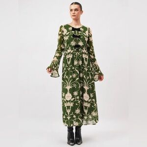 Beyond by Vera Gwen Dress L Meknes Pine Maxi Bow Accents Contemporary Western